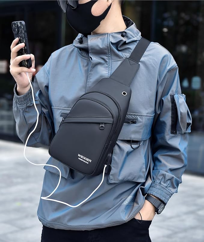 Waterproof Sling Bags Mens Shoulder Crossbody Backpack with USB Charging Port& Headphone,Outdoor Lightweight Bag