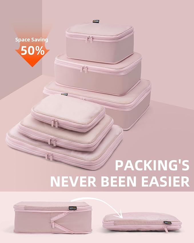 6 Set Compression Packing Cubes for Travel, Large Medium Small Luggage Organizers, Storage Bags for Clothes (6 Pack, Dusty Pink)