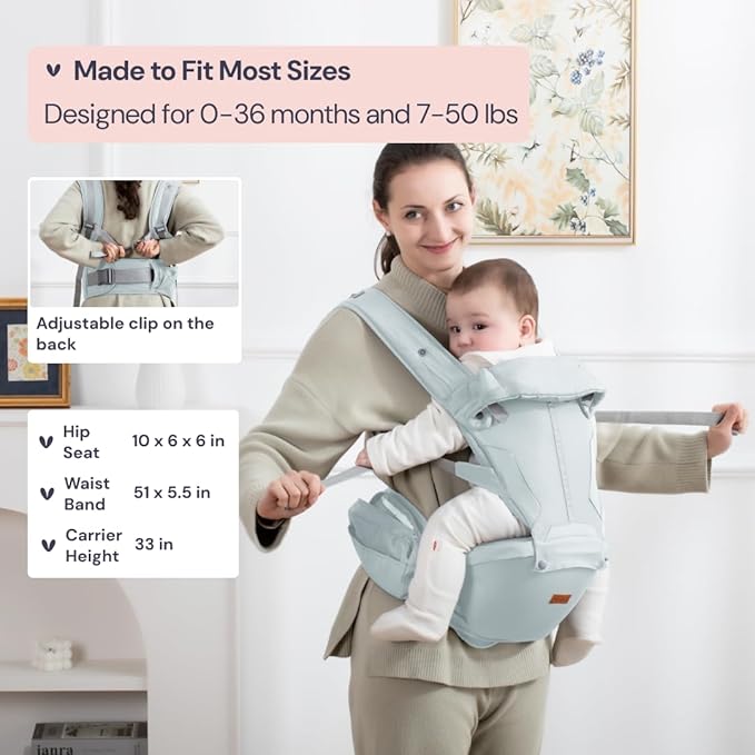 BabbleRoo Grow Carrier – 6-in-1 Baby Carrier with Hip Seat, Ergonomic, Cozy & Adjustable Toddler Carrier 7-50 lbs with Hip & Lumbar Support, Hood for Sun Protection, Newborn to Toddler, Seafoam