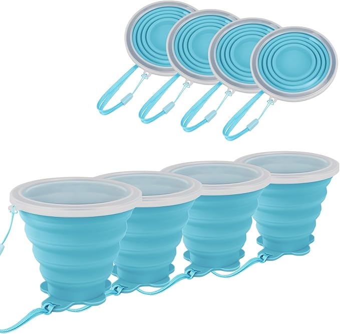 JBER Silicone Collapsible Travel Cup, 4 Pack Silicone Folding Camping Cup with Lids Expandable Drinking Cup Set BPA Free Reusable Portable Graduated for Outdoor Hiking Travel
