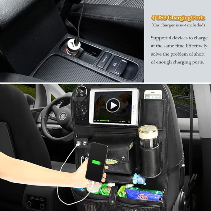 Car Backseat Organizer with Foldable Table Tray,Car Storage Organizer with Tablet Holder,Car Seat Back Protectors Kick Mats,Premium PU Leather Material,Compatible with Most Vehicles