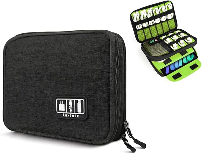 Luxtude Electronics Organizer, Portable Cable Organizer Bag for iPad 7.9'', Double Layer Travel Tech Bag&Cord Storage, Compact Cord Case&Charger Pouch,Electronics Carring Case for Phone/USB/SD