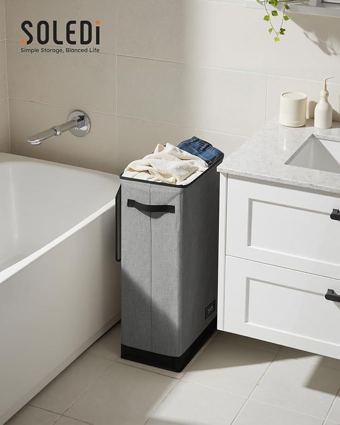 SOLEDI Slim Laundry Hamper with Lid, Narrow Laundry Basket with Removable Bags, Dirty Clothes Hamper with handle, Small Hamper perfect for Laundry room, Bathroom, Bedroom, Small spaces. 70L Grey