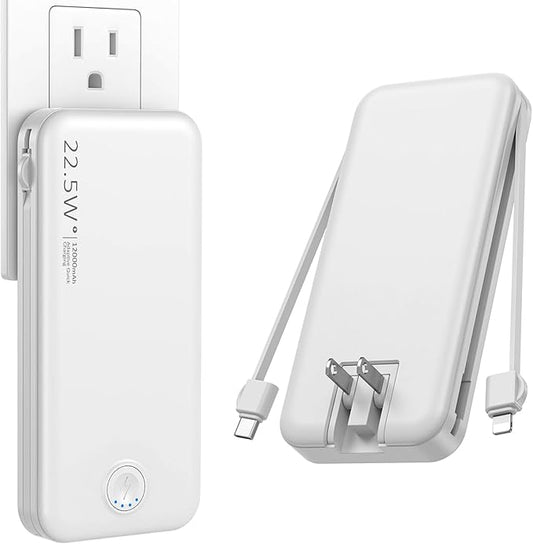Portable Charger with Built in Cable and AC Wall Plug, USB C Power Bank 12000mAh 22.5W Super Fast Charging, Lightweight Portable Phone Charger Travel Battery Pack for iPhone, ect