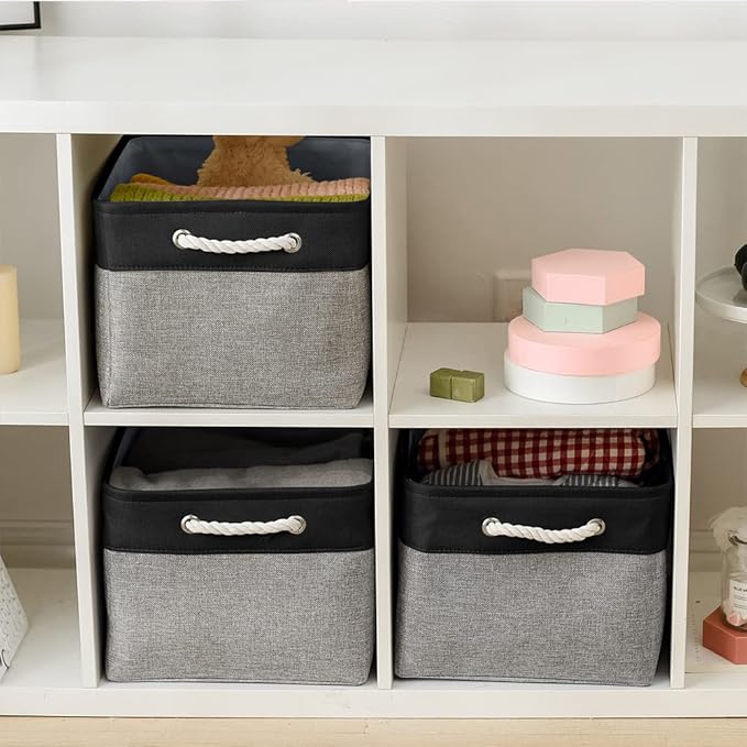 TheWarmHome Organization and Storage Basket for Organizing - 17x14x10 inch Large 3 Pack Collapsible Storage Bin for Shelves, Fabric Basket for Gifts Empty Organizer Gift Closet (Black & Grey)