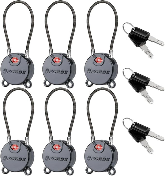 Forge TSA Approved Luggage Locks Ultra-Secure Dimple Key Cable Locks for Travel with Zinc Alloy Body- 6 Black Locks