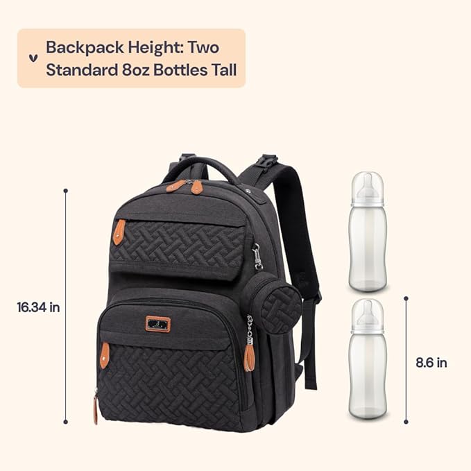 BabbleRoo Diaper Bag Backpack, Travel Backpack with Changing Pad, Pacifier Case & Stroller Straps, Multifunction, Waterproof, Unisex – Black