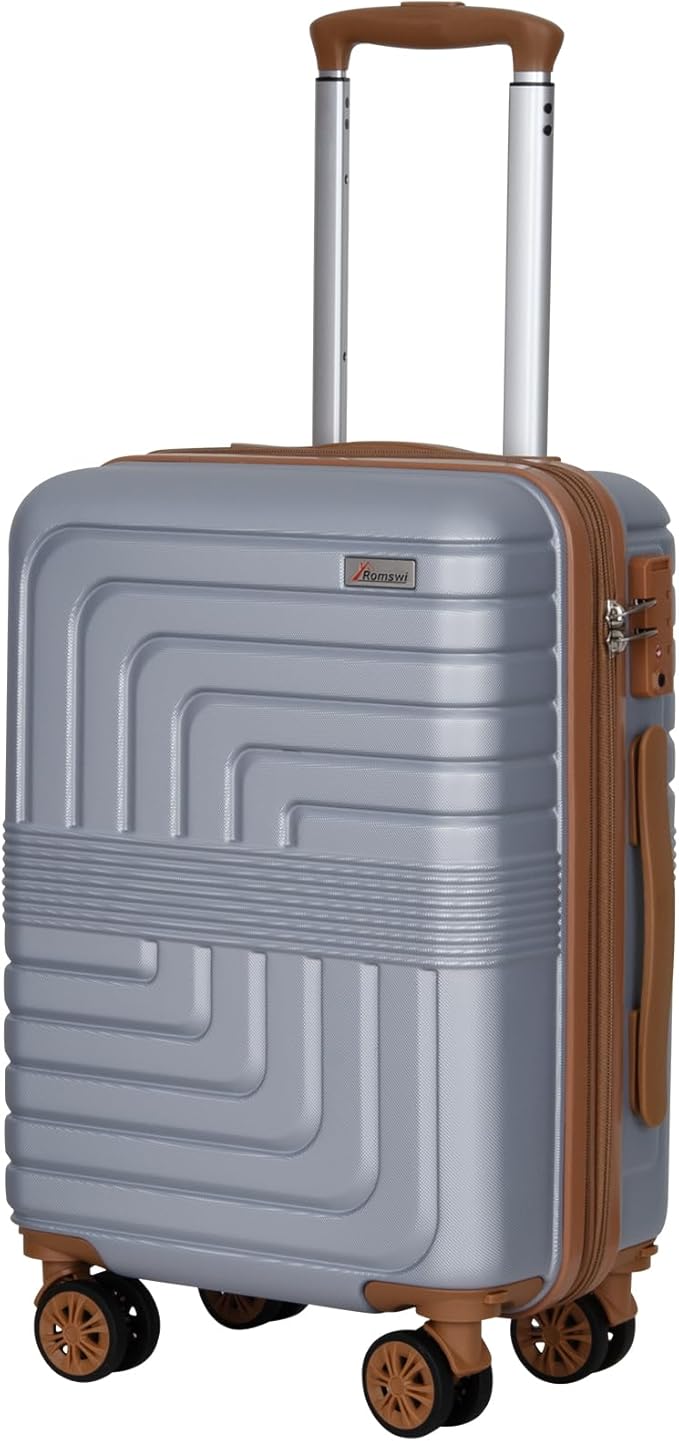 Romswi Expandable 20" Carry On Luggage,Hardshell Suitcase with Double Spinner Wheels for 20% More Space, Airline Approved Lightweight Hardside Luggage, Scratch-Resistant & YKK Zipper,Silver