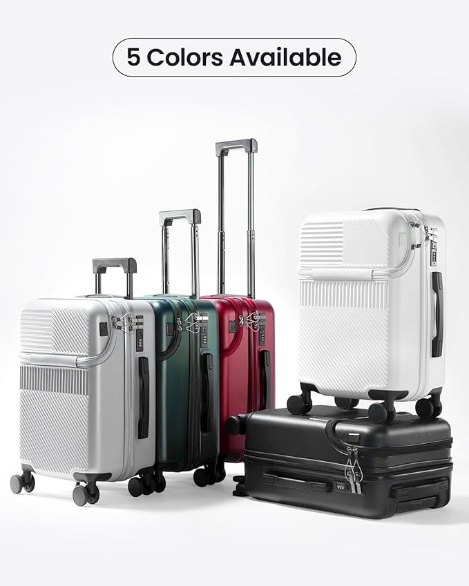 UrbanExplorer 20 Inch Carry-On Luggage with Front Opening, Cup Holder & USB Port, Lightweight ABS+PC Hardshell Spinner Suitcase, Airline Approved, 360° Wheels, Sliver