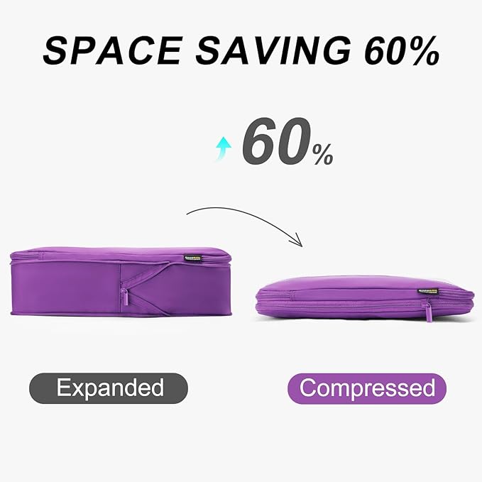 6 Set Compression Packing Cubes for Travel Essentials, Luggage Organizers for Suitcases (Bright Purple)
