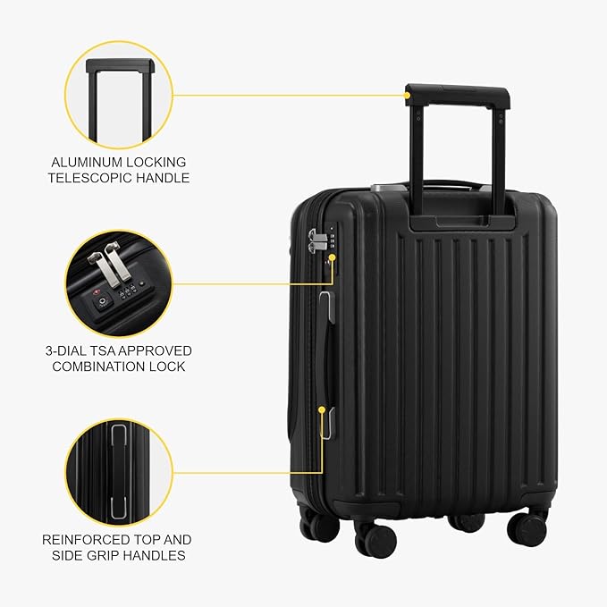 LEVEL8 Grace Hard Shell Carry on Luggage with Front Compartment, 20 Inch Expandable Suitcases with Wheels, Lightweight Carry-on Suitcase for Airplane, Tsa Lock, Black