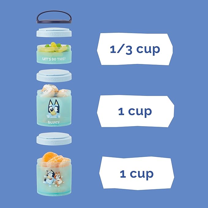Whiskware Bluey Stackable Snack Containers for Babies, Toddlers, and Kids, 3 Stackable Snack Cups for School and Travel, Cupholder Friendly, Bluey and Bingo! Let’s Do This!