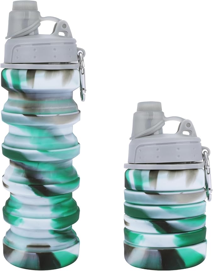 Rainbow Collapsible Water Bottles for Kids, Students, Adults, Reusable BPA Free Silicone Foldable Sports Water Bottles for Travel Camping Hiking, Folding Travel Water Bottles, Gary & Green