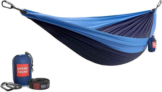 Grand Trunk Double Deluxe Parachute Nylon Hammock - 500lb Capacity Camping Hammock, 10.5x6.5ft, Lightweight & Durable (Navy/Light Blue)