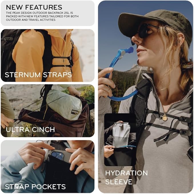 Peak Design Outdoor Backpack 25L, Cloud, Compact and Lightweight Frameless Daypack, Ultra Cinch Roll-Top Design, Ideal for Day Hikes, Camera Carry and Commuting, Versatile Backpack for Men and Women