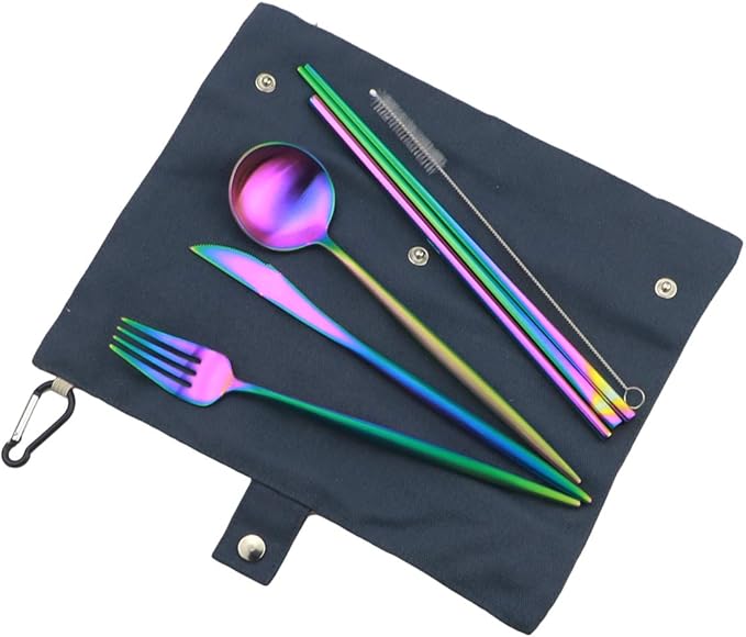 Gugrida Reusable Travel Utensils, 7 Piece Portable 304 Stainless Steel including Knife Fork Spoon Chopsticks Cleaning Brush Straws Portable Pouch, Eco-friendly Camping Silverware Set, Dishwasher Safe