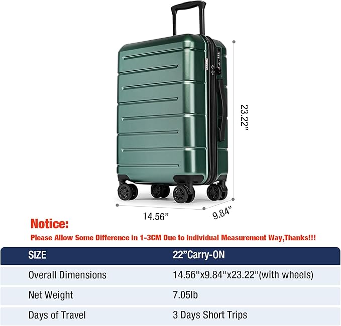 KYME Hardside Carry On Luggage 22x14x9 Airline Approved with TSA Lock Hardshell 22 Inch Suitcase with Spinner Wheels Small Travel Rolling Luggage with Cup Holder for Men Women Green