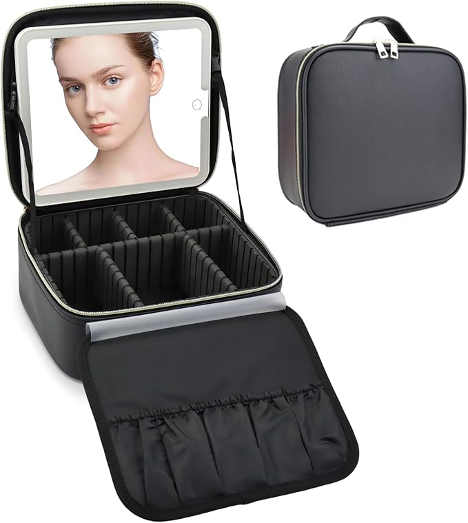 Travel Makeup Bag with LED Mirror Travel Makeup Organizer with 3 Lighted Settings, Adjustable Dividers and Makeup Brush Storage Bag Black