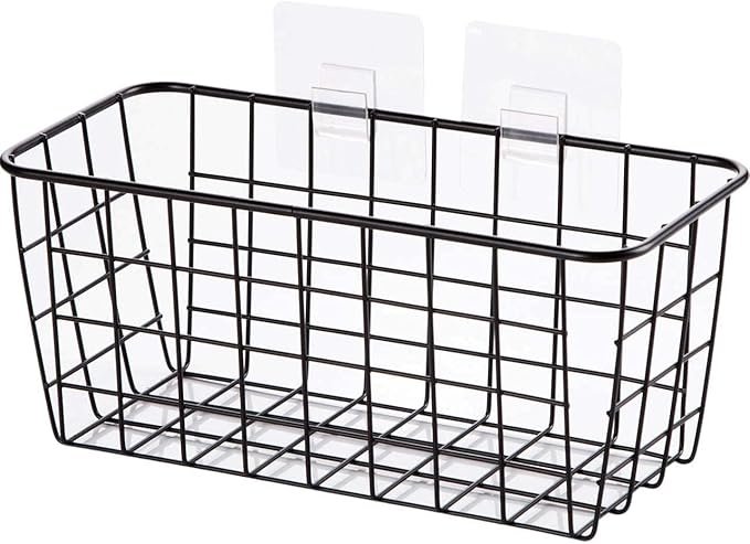 2 Set Hanging Wall Basket Organizer Over the Cabinet Door Wire Baskets for Organizing -No Drilling Adhesive Wall Storage Basket, Space-Saving Hanging Baskets for Organizing Wall Mount Storage,Black