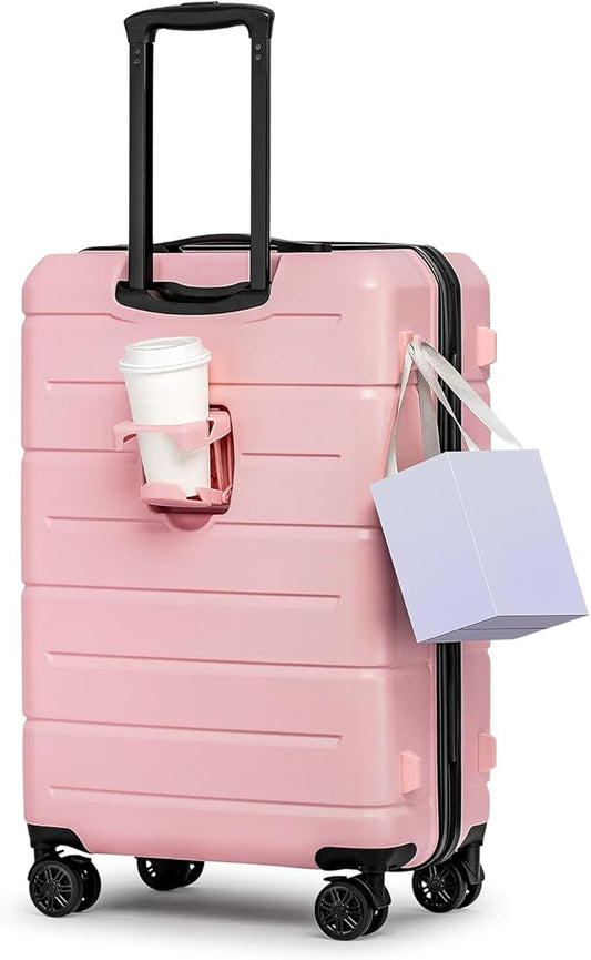 KYME 26 Inch Luggage TSA Approved Hardshell 26" Suitcases with Spinner Wheels Durable Medium Travel Checked Luggage with Cup Holder for Women Men Pink