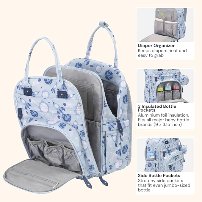 BabbleRoo Diaper Bag Backpack - Baby Essentials Travel Tote - Multi Function Water Resistant Diaper Bag, Travel Essentials Baby Bag with Changing Pad, Stroller Straps & Pacifier Case - Unisex, Cosmic