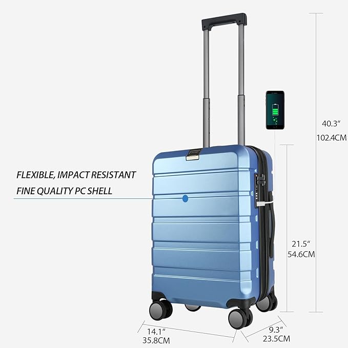 KROSER Hardside Expandable Carry On Luggage with Spinner Wheels & Built-in TSA Lock, Durable Suitcase Rolling Luggage with USB Port, Carry-On 20-Inch, Light Blue