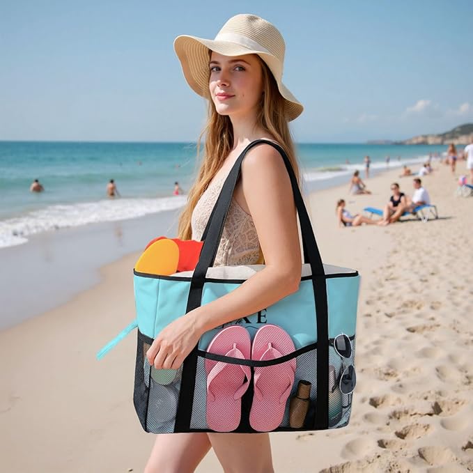 Sandproof Beach Bag with Zipper - 8-Pocket Waterproof Tote for Women & Family | Foldable Travel Swim Bag (Gift-Ready)