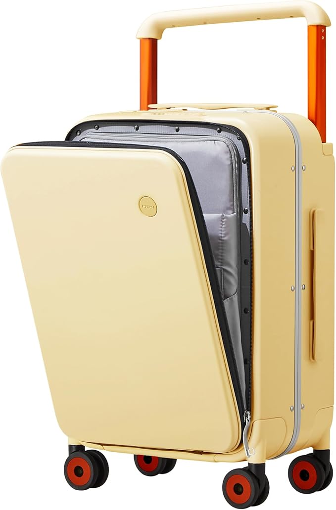 mixi Carry On Luggage Wide Handle Luxury Design Rolling Travel Suitcase PC Hardside with Aluminum Frame Hollow Spinner Wheels, with Cover, 20 inch, Lark Yellow