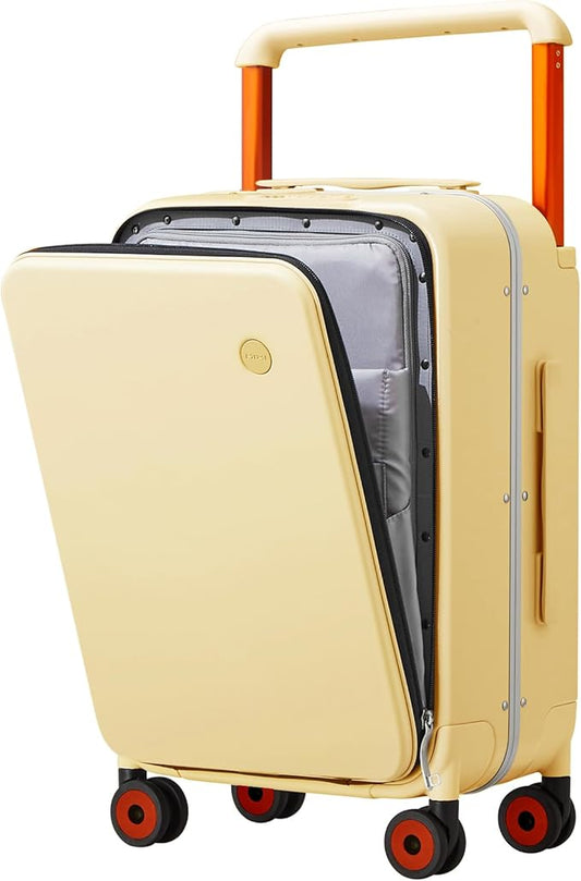 mixi Carry On Luggage Wide Handle Luxury Design Rolling Travel Suitcase PC Hardside with Aluminum Frame Hollow Spinner Wheels, with Cover, 20 inch, Lark Yellow