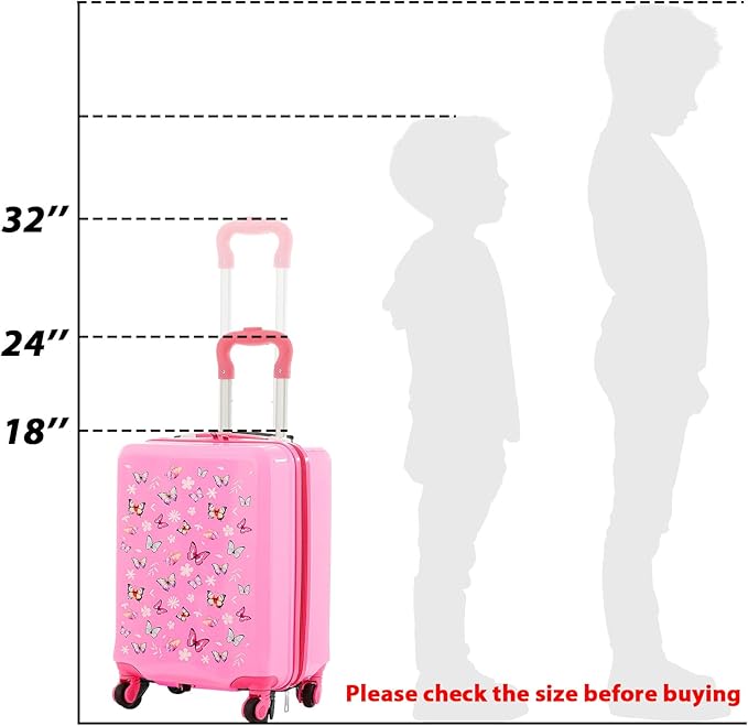 Sanwuta 4 Pcs Kids Luggage Set Kids Backpack Travel Rolling Suitcase with Wheels U-shape Pillow Childrens Gift for Girls Boys(17 Inch,Butterfly Style,Rose Pink)