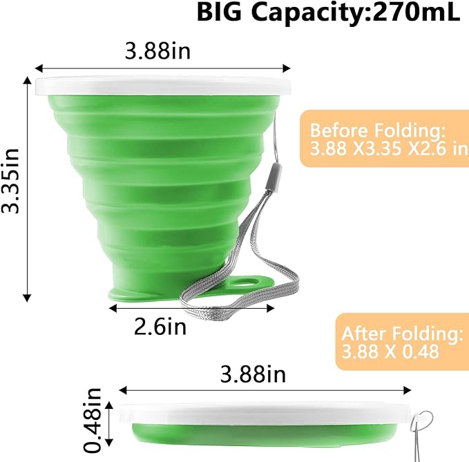 Litoexpe 2 Pack Silicone Collapsible Travel Cup Portable Folding Camping Cup Sets with Lids, Grey & Green