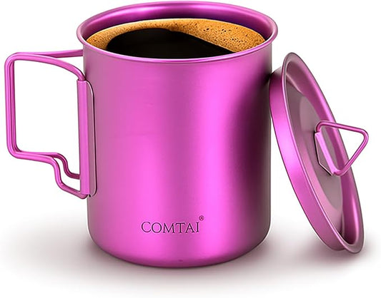 Titanium Camping Pot Mug 15oz (420ml) with Lid and Foldable Handle – Ultralight Camping Cup for Hiking, Backpacking, Outdoor Cooking, Purple