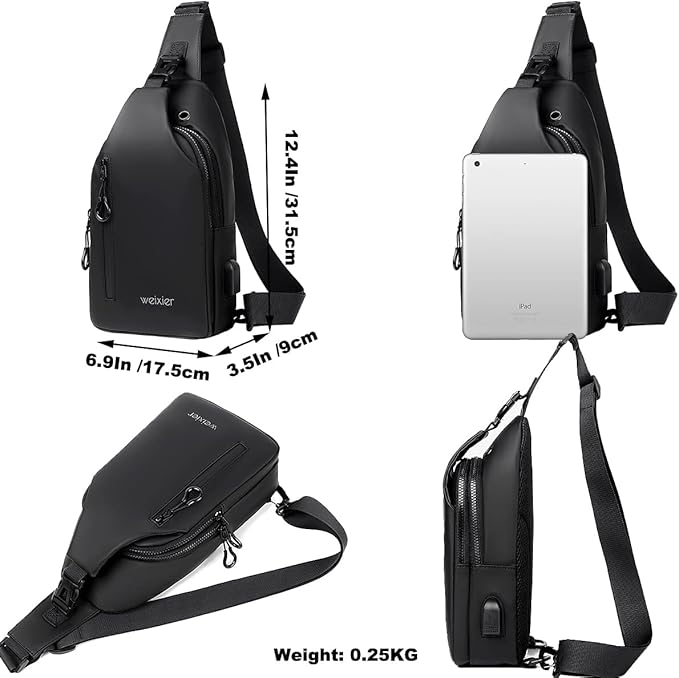 Waterproof Sling Bags Mens Shoulder Crossbody Backpack with USB Charging Port& Headphone,Outdoor Lightweight Bag