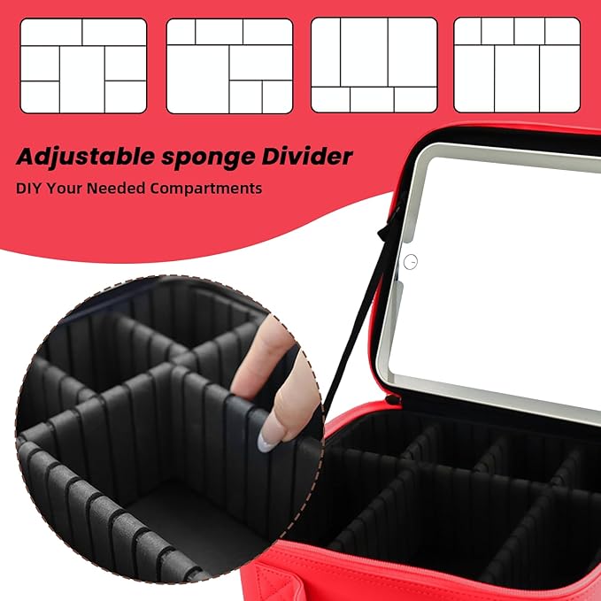 Travel Makeup Bag with LED Mirror and Light Makeup Travel Bag Organizer Portable Cosmetic Brush Organizer Bag with Adjustable Dividers for Cosmetics Makeup Brushes Toiletry (Light Red)