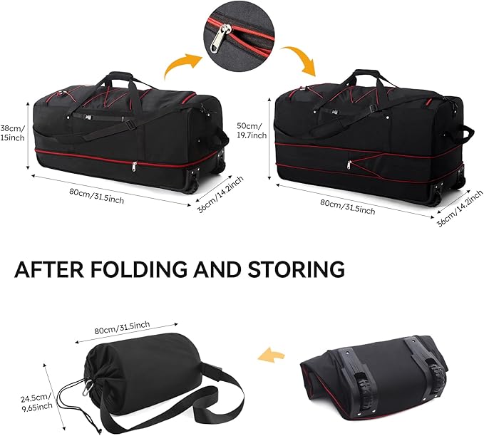 CONTAIL 32" Soft-Sided Rolling Duffle Bag with 2 Wheels,Expandable from 110L to 140L, Foldable Travel Duffel with Multiple Compartments,Black-red