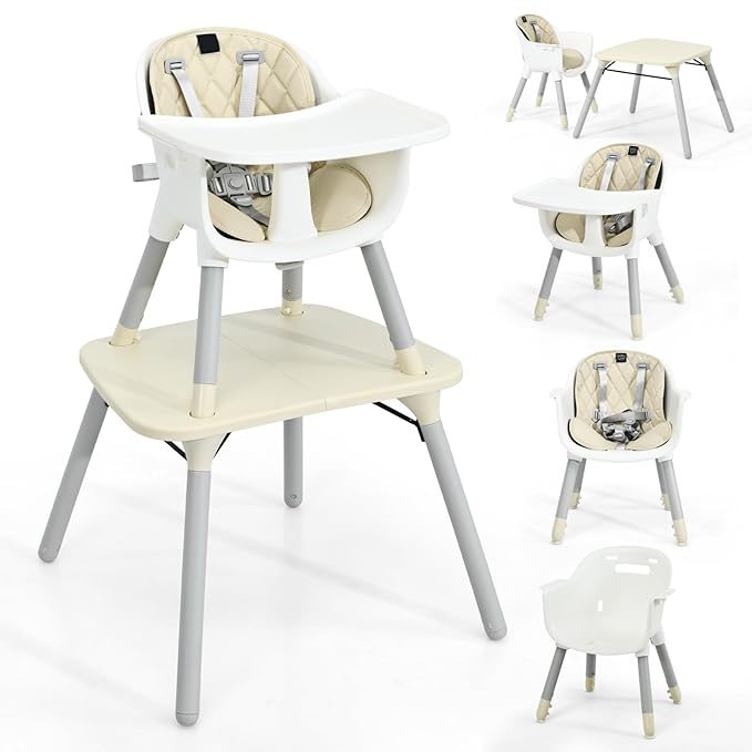 HONEY JOY 5-in-1 High Chair, Convertible Highchair for Babies and Toddlers/Kids Chair Table Set/Infant Feeding Chair w/Safety Harness, PU Leather Cushion & Removable Food Tray (Beige)