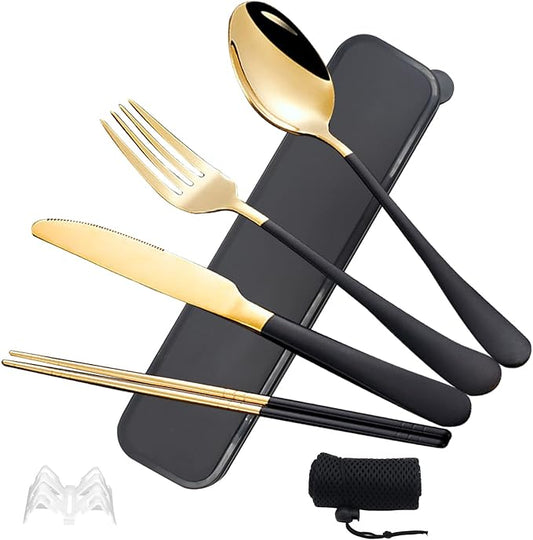 Black Portable Flatware Cutlery Set, TWUTGAYW Stainless Steel Travel Utensils with Case, Reusable Chopsticks Knife Spoons and Forks Set, Gold Camping Utensils Set for Lunch, Office, School, Picnic