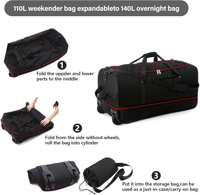 Vomgomfom 32" Soft-Sided Foldable Wheeled Travel Duffel Bag,Expandable 110L to 140L Rolling Cargo Bag with 2 Wheels and Multiple Pockets,Black-red
