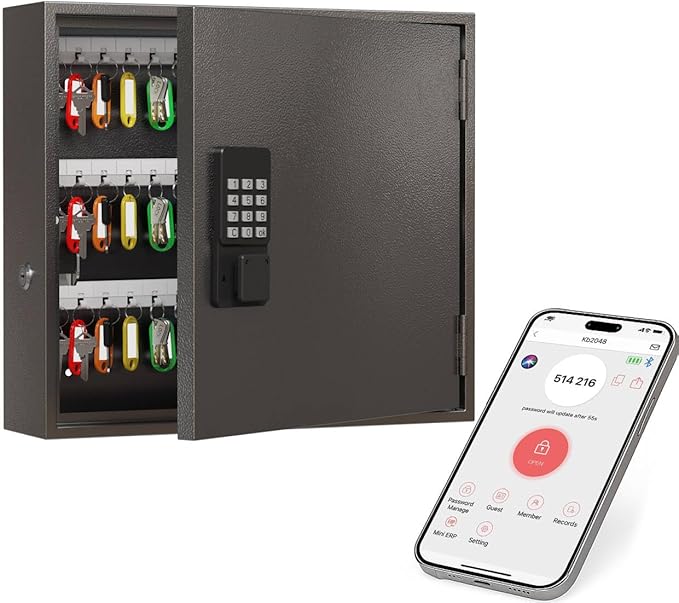 WeHere Smart Key Lock Box, Wall Mounted Key Cabinet with 90 Key Tags, Bluetooth App Control, OTP & Password Unlock, Wi-Fi Remote Unlock (Bridge Required), Steel Key Safe for Office Home Business