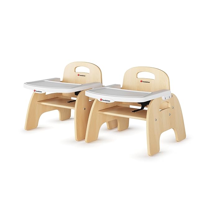Foundations Easy Serve Low Wood Feeding Chairs Multipack, Adjustable Harness, Removable Dishwasher Safe Tray, No-Tip Base, Stackable Toddler Chairs, 2 Pack (7 inch)
