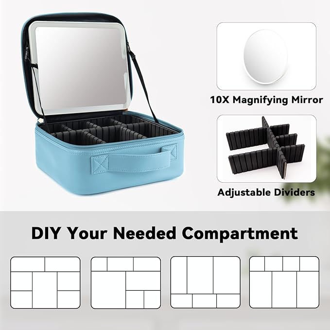 Travel Makeup Bag with LED Mirror and 10x magnifying glass with 3 Lighted Settings, Adjustable Dividers and Makeup Brush Storage Bag Light Blue