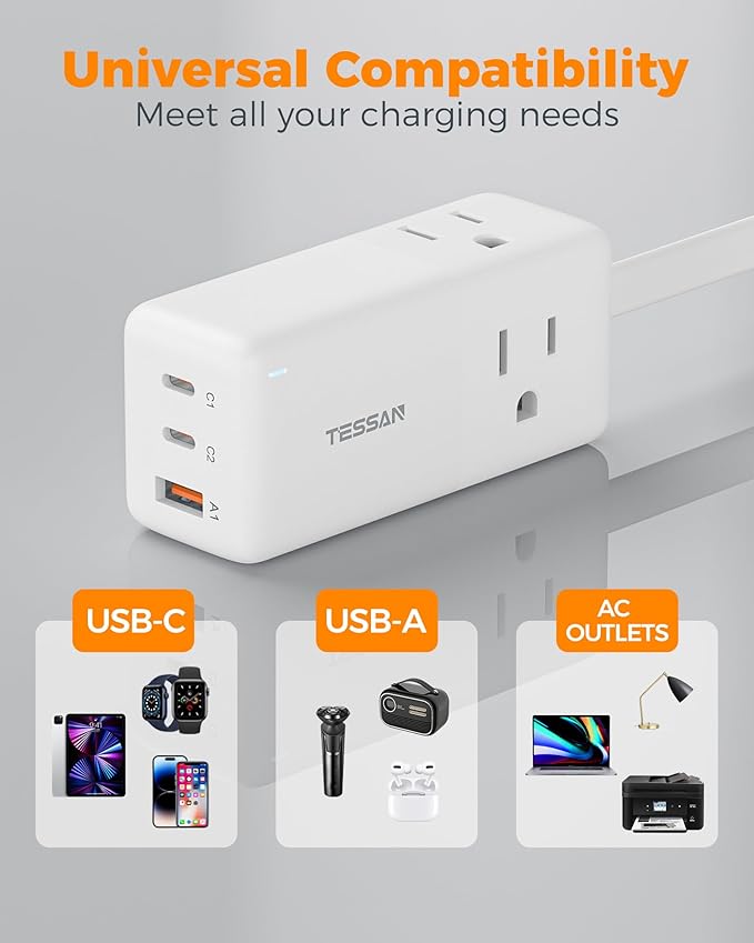 TESSAN USB Charging Station PD 65W, USB C Charger Blocks with 3 AC Outlets, Desktop Phone Fast Charger with Flat Plug for Phone Tablet Laptop, Travel, Office