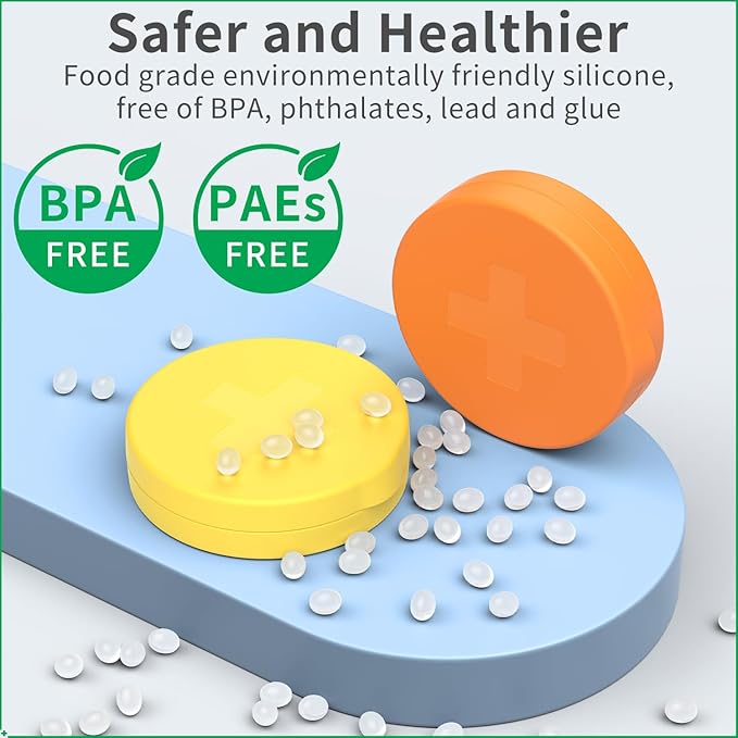2 Pack Small Pill Box,3 Compartment Round Silicone Travel Pill Box for Purse Pocket, Waterproof Portable Compact Medicine Holder for Vitamin, Cod Liver Oil, Supplement(Orange+Yellow)
