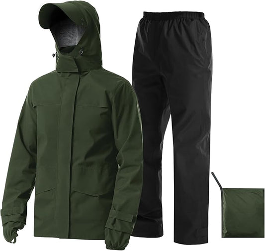 iCreek Rain Suit Waterproof Jacket with Pants 2 Pieces Breathable Lightweight Packable Raincoat with Hooded Rain Gear Unisex