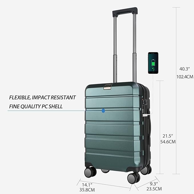 KROSER Hardside Expandable Carry On Luggage with Spinner Wheels & Built-in TSA Lock, Durable Suitcase Rolling Luggage with USB Port, Carry-On 20-Inch, Dark Green