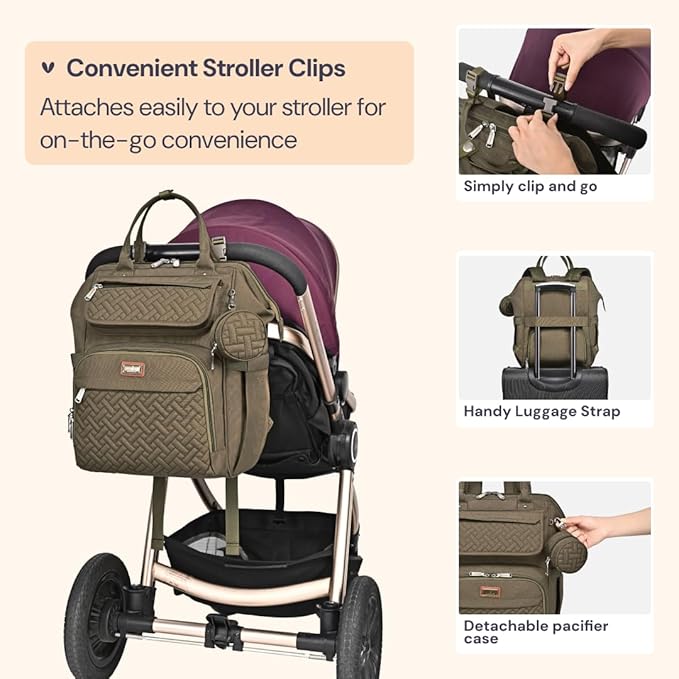 BabbleRoo Diaper Bag Backpack, Multifunction Nappy Changing Bag with Changing Pad, Stroller Straps & Pacifier Case, Unisex Stylish Travel Back Pack for Moms & Dads - Army Green