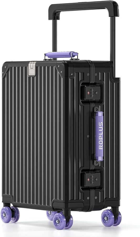 Aluminium Frame Carry on Luggage with Smooth Jelly Wheels, Hardside Zipperless Rolling Suitcase with TSA Lock (BlackPurple, 21-Inch)
