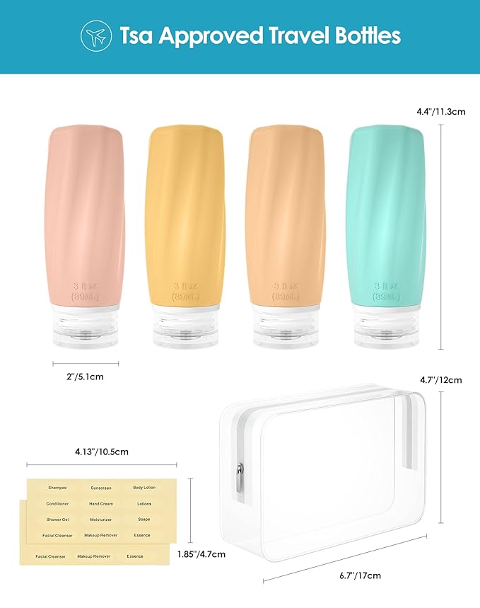 Morfone Travel Bottles for Toiletries, 3oz TSA Approved Travel Size Containers Leak Proof Squeezable Travel Accessories Refillable for Shampoo Conditioner Lotion Liquids(4Pack)