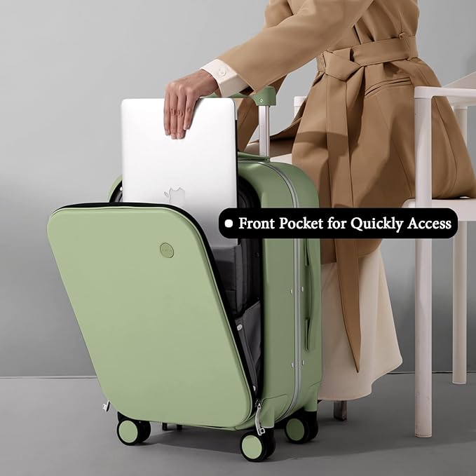 mixi Carry On Luggage, 20'' Suitcase with Front Laptop Pocket, Travel Rolling Luggage Aluminum Frame PC Hardside with Spinner Wheels & TSA Lock and Cover - Avocado Green