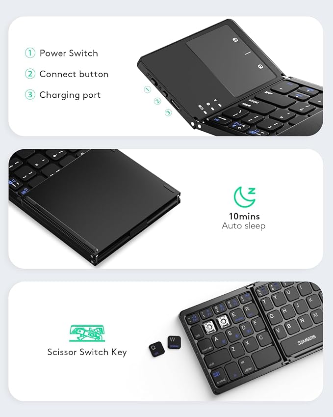 Samsers Multi-Device Foldable Bluetooth Keyboard with Touchpad, Rechargeable Dual-Mode(2.4G+BTx2) Wireless Keyboard with Holder, Portable Folding Keyboards for Android Windows iOS Mac OS - Black